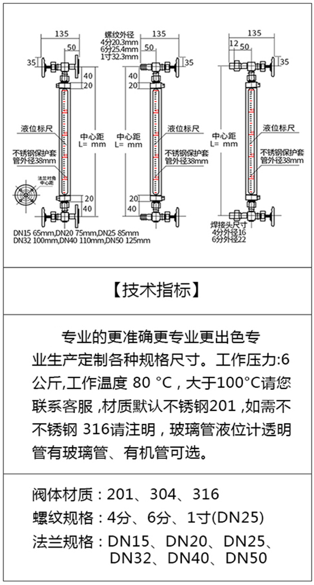 高溫高壓鍋爐液位計(jì)技術(shù)指標(biāo)圖